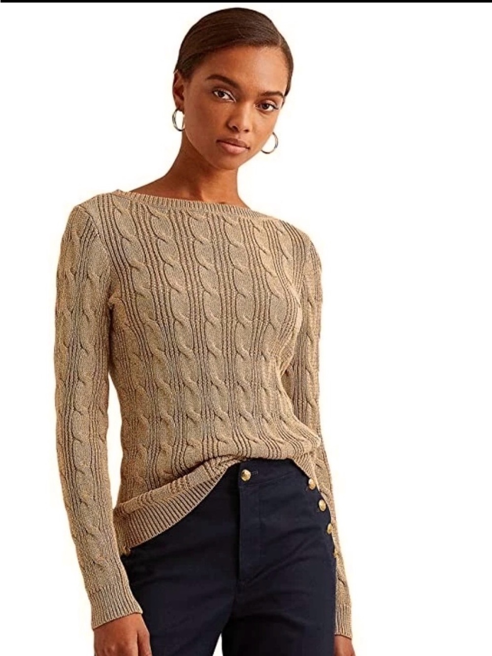 Lauren Ralph Lauren Gold Metallic Cable Knit Boat Neck Sweater M Shimmer Holiday